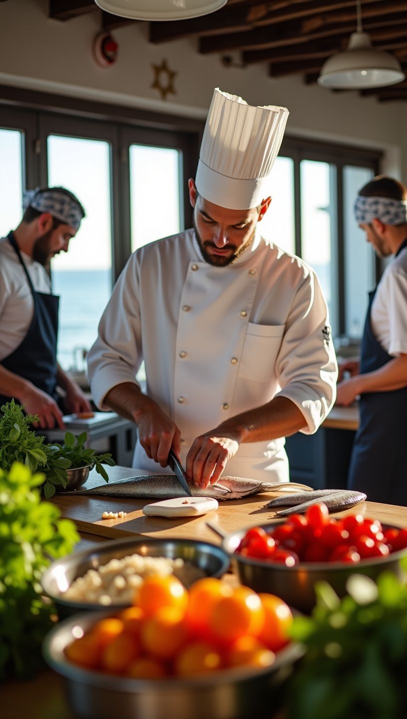 Σκηνικό μαγειρέματος με αθλητές να προετοιμάζουν γεύματα.